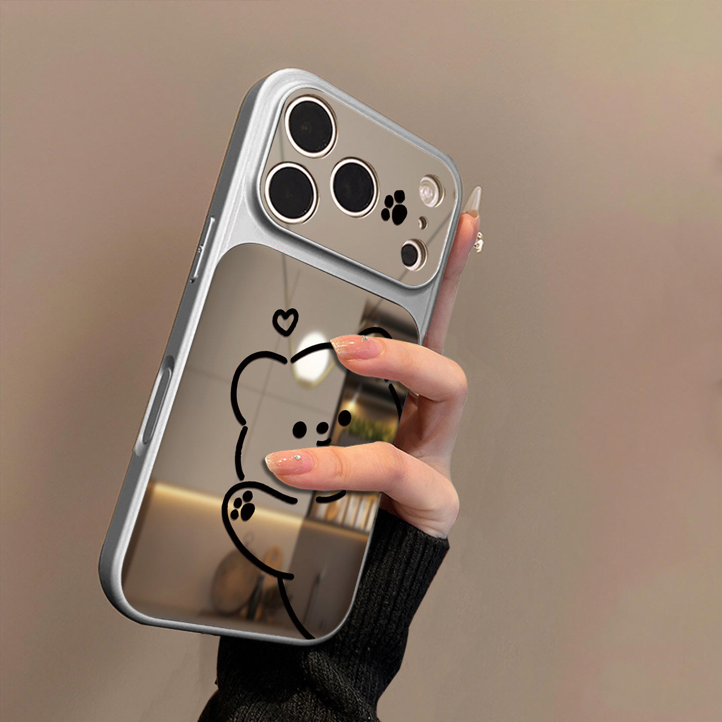 线条小熊适用苹果17promax手机壳iPhone16pro新款15plus防摔14镜面男13pro女款17air情侣12全包11pro保护套