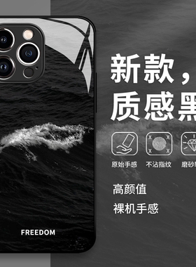 黑色海浪手机壳适用苹果17promax潮牌ins风16小众iphone15高级感14玻璃13pro/12mini/11/x/8plus/xr/xs/7/air