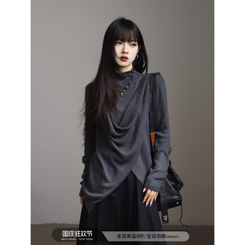 呆毛灰色不规则设计感半高领针织衫女春秋修身荡领上衣内搭打底衫