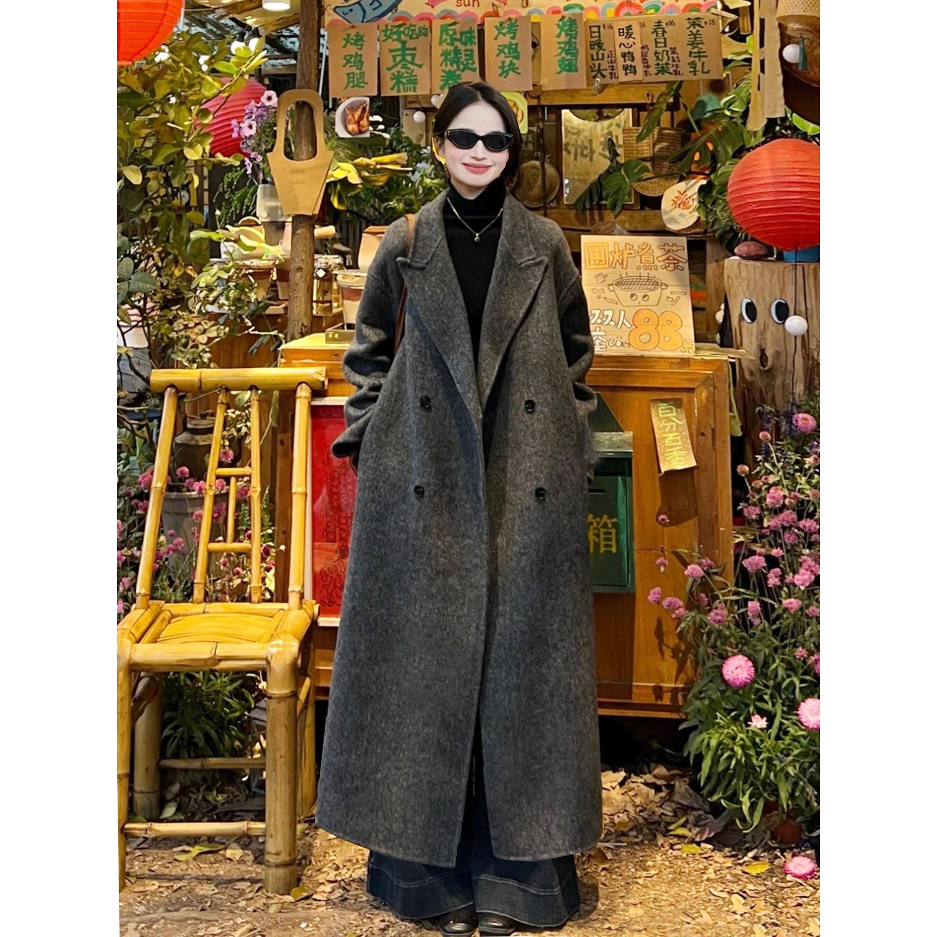 黑灰色高个子加长款双面羊绒大衣女秋冬季新款到脚环羊毛呢子外套