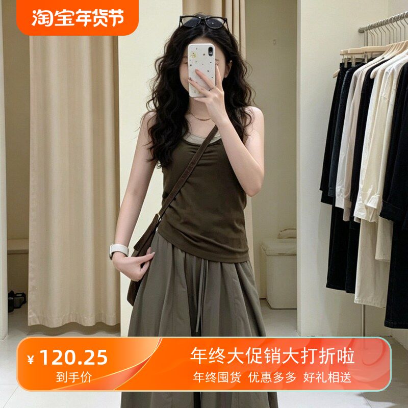 盐系炸街运动套装女夏季显瘦时尚复古假两件背心阔腿裤休闲两件套