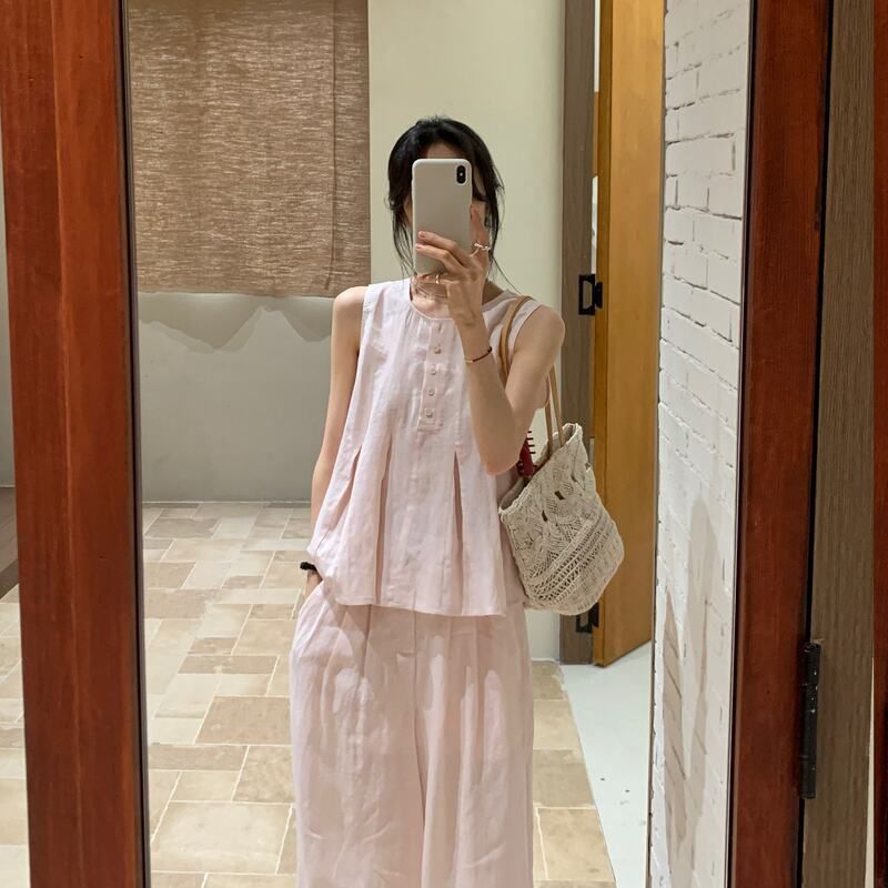 时尚百搭休闲粉色无袖背心+长裤套装女2026夏款显瘦薄款两件套潮