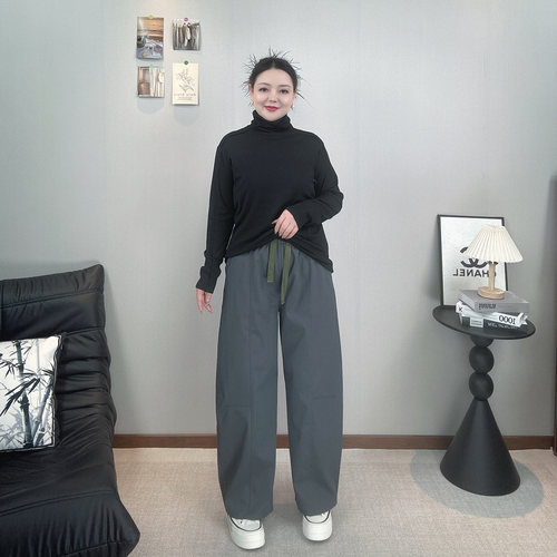高腰抽绳弯刀阔腿裤女大码休闲裤