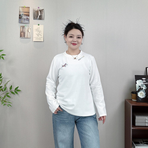 大码印花半拉链长袖T恤女打底衫