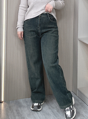 冬装加绒直筒牛仔裤女大码胖mm高腰显瘦弹力复古蓝阔腿拖地长裤子