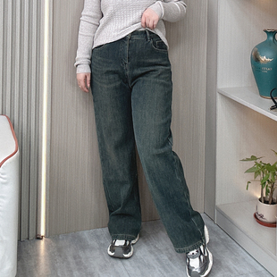 胖mm高腰显瘦弹力复古蓝阔腿拖地长裤 女大码 子 加绒直筒牛仔裤 冬装