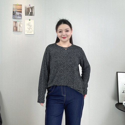 大码秋季豹纹长袖圆领t恤女上衣