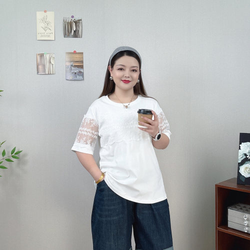 大码女装新款蕾丝拼接短袖T恤女