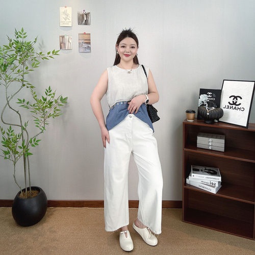 水洗阔腿牛仔裤女大码高腰弯刀裤