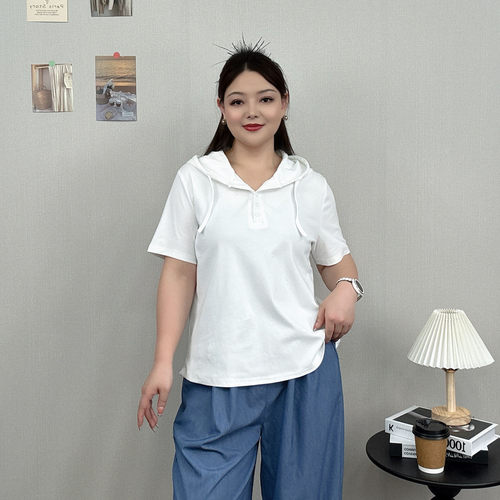白色连帽短袖T恤女套头休闲上衣