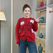 胖mm宽松显瘦减龄长袖 花朵小马刺绣针织开衫 大码 春季 红色毛衣 女装
