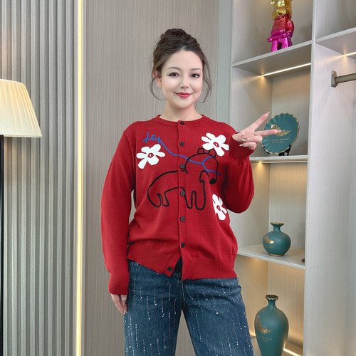 小马刺绣针织开衫女大码红色毛衣