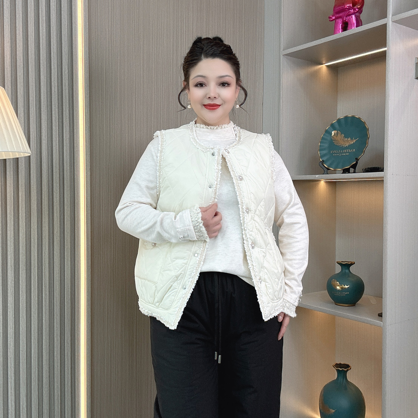 小香风加绒仿兔毛棉马甲背心外套