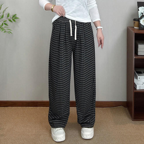 格纹阔腿裤女大码休闲直筒长裤子