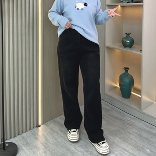 胖mm200斤显瘦高腰弹力直筒阔腿裤 女大码 加绒加厚保暖牛仔裤 冬季