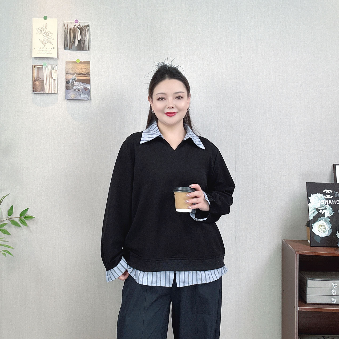 2026秋新款假两件衬衫领长袖卫衣女大码宽松显瘦拼接撞色休闲上衣