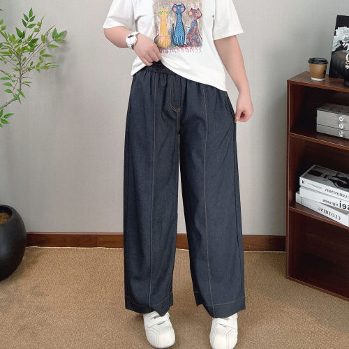 大码天丝仿牛仔阔腿裤女九分裤子