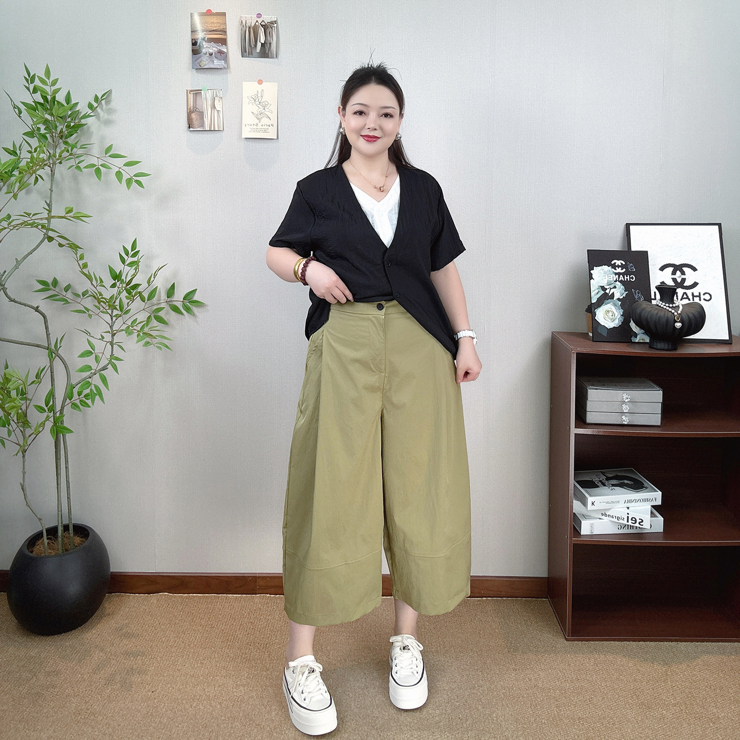 大码夏装阔腿裤女显瘦休闲八分裤图片