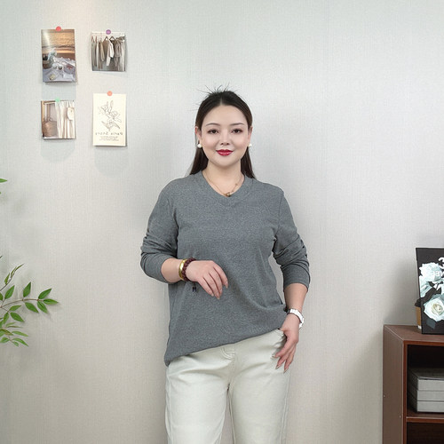 大码女装春秋季V领长袖T恤打底衫