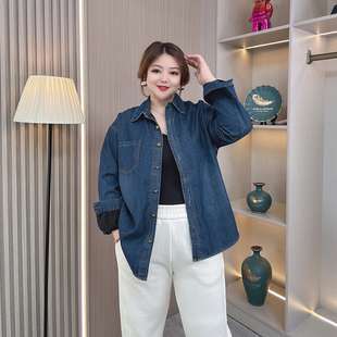 外套大码 女装 胖mm宽松显瘦休闲上衣 加绒保暖牛仔衬衫 202秋冬新款