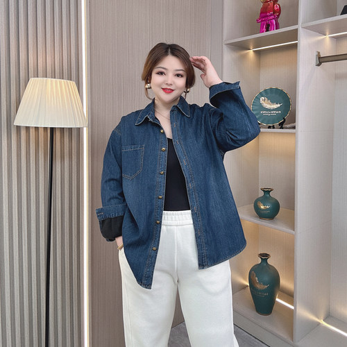 大码秋冬新款加绒保暖牛仔衬衫