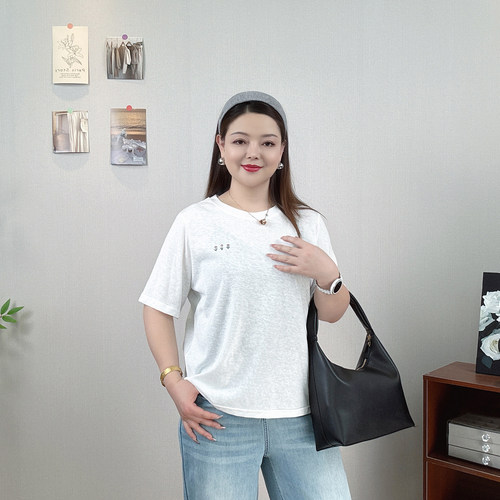 大码薄款印花短袖T恤女开叉上衣