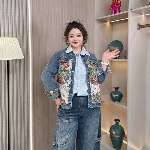 正肩春季新款拼接牛仔夹克女上衣