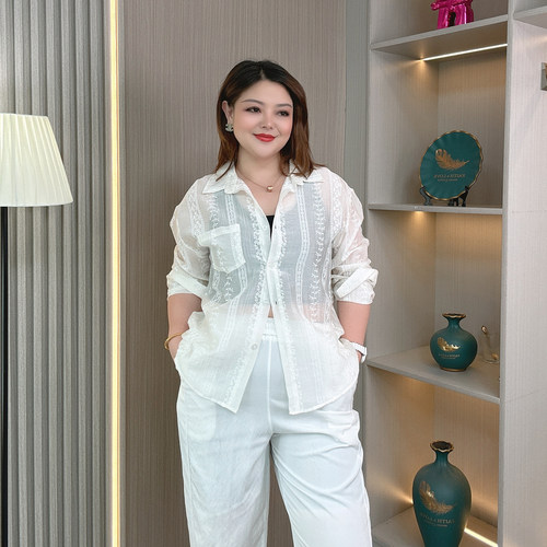 大码女装夏轻薄透气蕾丝防晒衬衫
