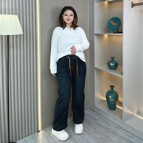 大码春秋松紧腰弹力直筒牛仔裤子