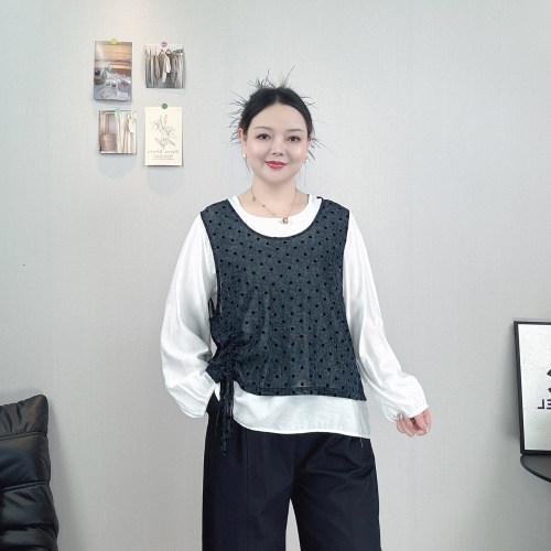 假两件波点拼接抽绳打底衫女卫衣