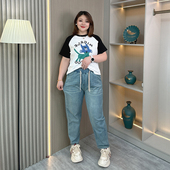 胖mm天丝牛仔哈伦裤 女松紧腰老爹裤 夏季 大码 薄款 高腰显瘦直筒休闲