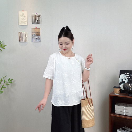 中式刺绣短袖上衣女T恤大码衬衫