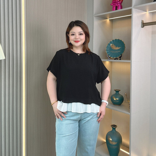 大码女装夏季新款拼接假两件上衣