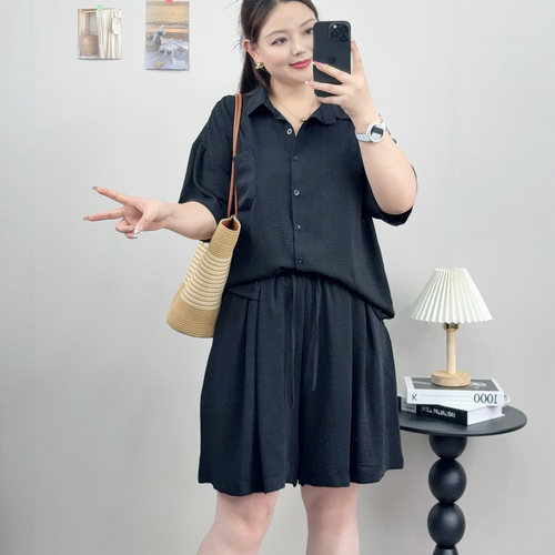 大码套装女短袖衬衫松紧腰阔腿裤