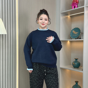 加厚胖mm百搭显瘦打底针织衫 花边领拼接保暖毛衣女冬季 女 女装 大码