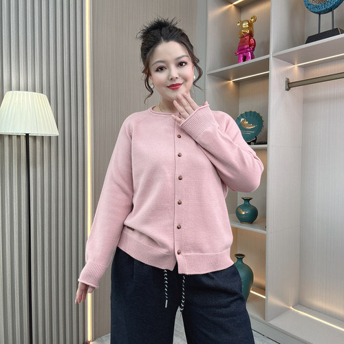 大码胖mm秋冬纯色针织开衫毛衣女