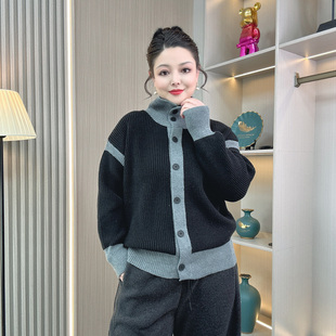 外套女秋冬高领毛衣 开衫 大码 胖mm慵懒风设计感小众撞色加厚针织衫