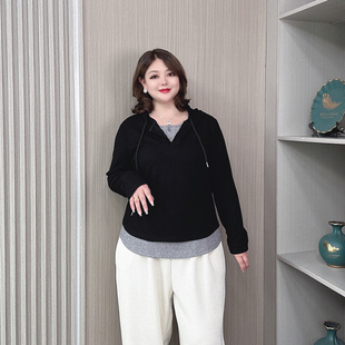 女大码 秋季 打底衫 假两件长袖 胖mm宽松显瘦休闲连帽卫衣短外套 新款