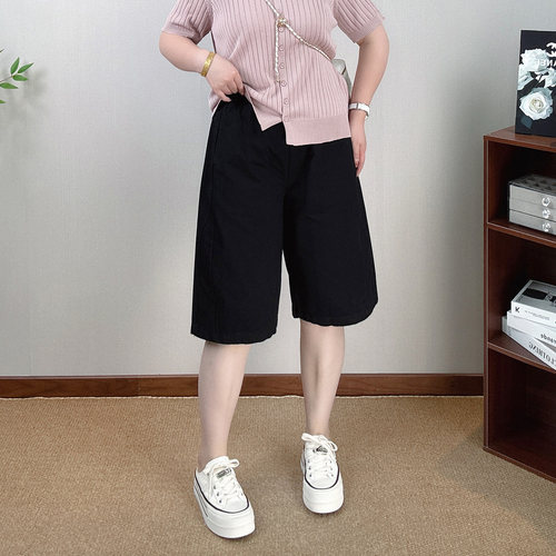高腰阔腿短裤女大码直筒五分裤子