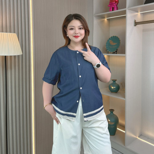 大码女装夏薄款天丝牛仔短袖衬衫