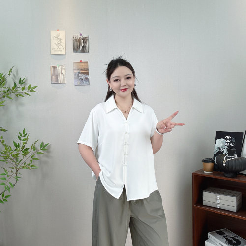 大码女夏装翻领短袖衬衫套头上衣