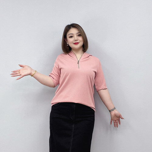 大码女装显瘦连帽短袖T恤衫上衣