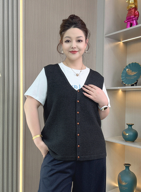 大码女装V领针织开衫马甲女无袖别致叠穿百搭显瘦遮肚子背心上衣