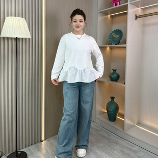 宽松显瘦遮肚子百搭打底衫 白色荷叶边长袖 新款 春季 上衣 T恤女大码