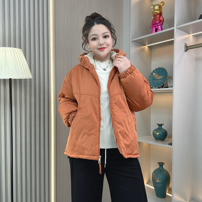 大码女装冬季加厚绒连帽棉衣外套