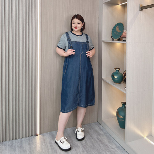 假两件牛仔拼接背带短袖连衣裙女