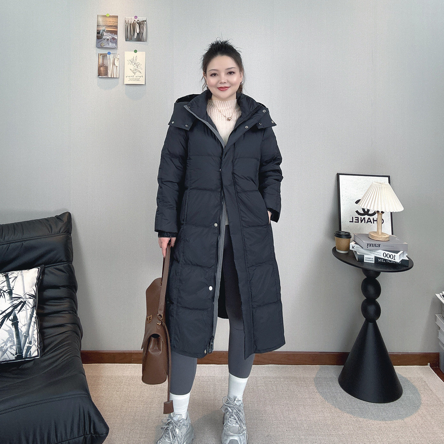 长款过膝黑色连帽羽绒服女大码冬装新款宽松显瘦时尚加厚保暖外套