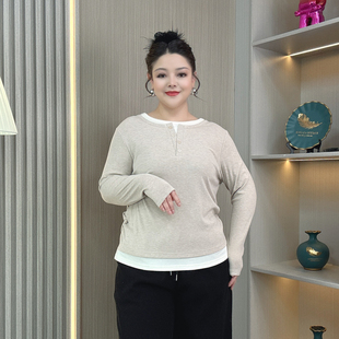 胖mm显瘦遮肚子内搭打底衫 T恤女秋季 上衣 撞色假两件正肩长袖 大码
