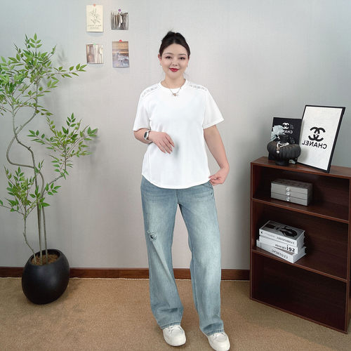 大码白色蕾丝镂空短袖T恤女上衣