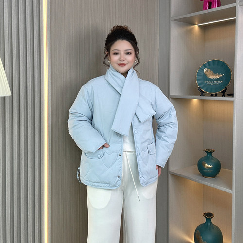 大码女装秋冬短款围脖羽绒服外套